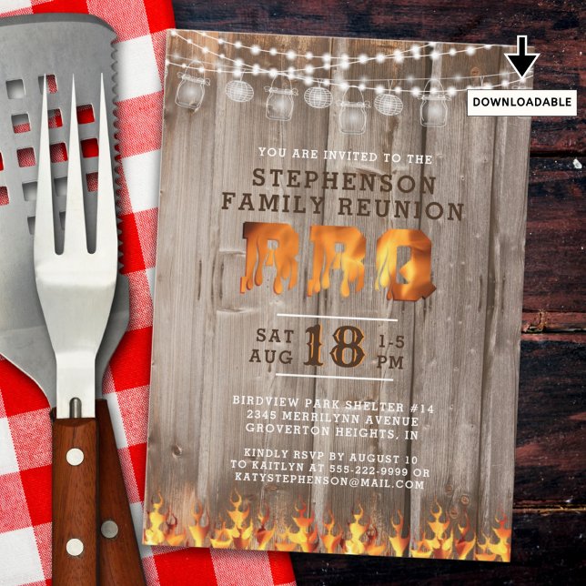 Family Reunion BBQ Rustic Wood String Lights Invitation (Creator Uploaded)