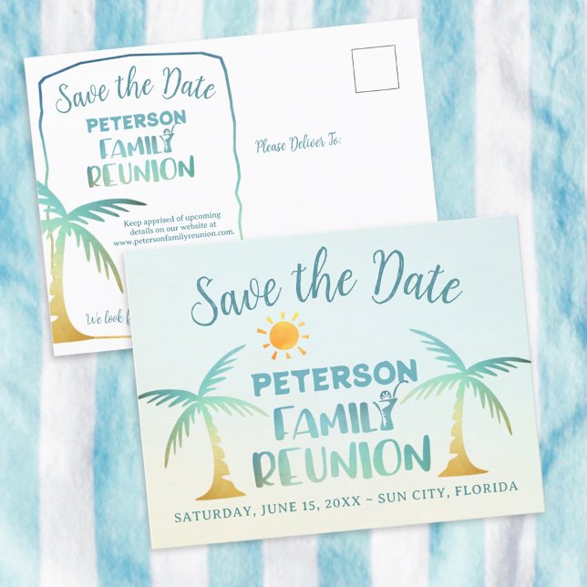 Family Reunion Beach Palm Tree Save The Date Announcement Postcard (Creator Uploaded)
