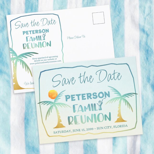 Family Reunion Beach Palm Trees Save The Date Announcement Postcard (Creator Uploaded)