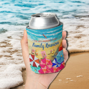 Family Reunion Beach Umbrellas on the Sand Can Cooler
