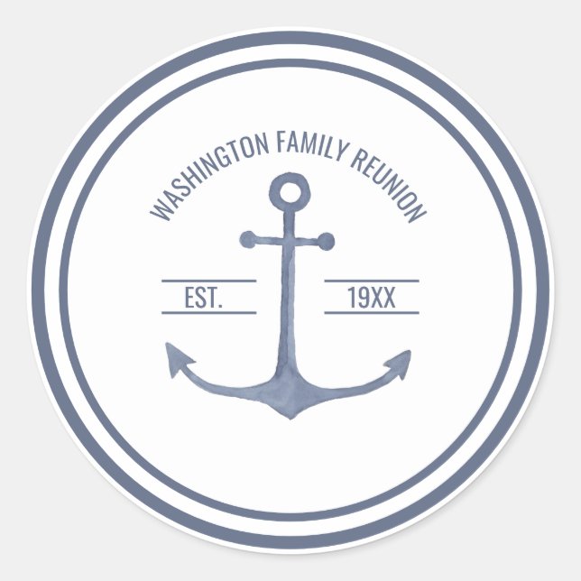 Family Reunion Blue Anchor Party Classic Round Sticker (Front)