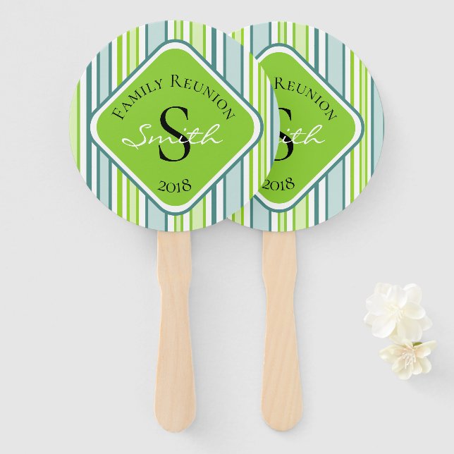 Family Reunion Blue and Green Stripes Hand Fan (Front and Back)