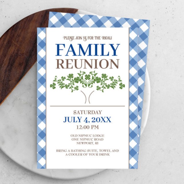 Family Reunion Blue Gingham Tree Invitation (Family reunion invitations blue gingham with family tree art. )