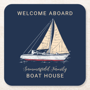 Family Reunion Boat House Nautical Sailing Custom Square Paper Coaster