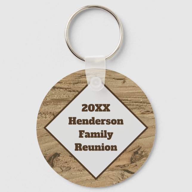 Family Reunion Brown Wood Grain Photo Keepsake Key Ring (Front)