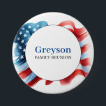 Family Reunion Buttons Red White and Blue Theme<br><div class="desc">Celebrate your next family get-together with these custom family reunion buttons, featuring a beautiful watercolor American flag design in bold red, white, and blue. Perfect as family gathering keepsake badges, these pins are a meaningful and fun addition to your customisable reunion swag. 🌳 Personalised Touch – Customise each button with...</div>