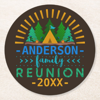 Family Reunion Camping Trip Party | Custom Name Round Paper Coaster