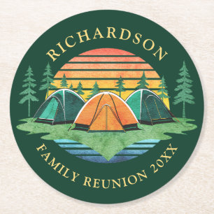 Family Reunion Camping Trip Sunset Green Round Paper Coaster
