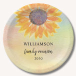Family Reunion Colorful Paper Plate<br><div class="desc">This family reunion paper plate is decorated with a yellow sunflower on a watercolor background.
Easily customizable. 
Use the Customize Further option to change the text size,  style,  or color.
Because we create our artwork you won't find this exact image from other designers. 
Original Watercolor © Michele Davies.</div>
