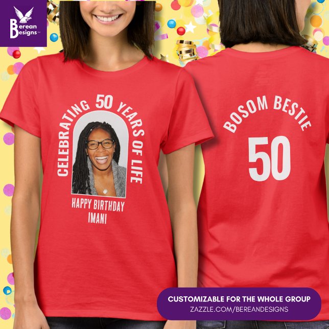 Family Reunion Custom Matching 50th Birthday Photo T-Shirt (Front & back GROUP MILESTONE 50th BIRTHDAY T-shirt w/ customizable photo and text. Ideal for groups)