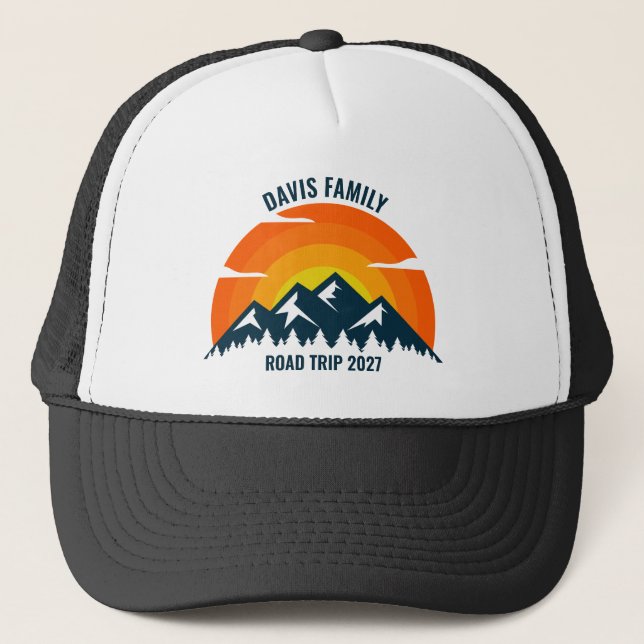 Family Reunion Custom Sunset Mountain Road Trip Trucker Hat (Front)