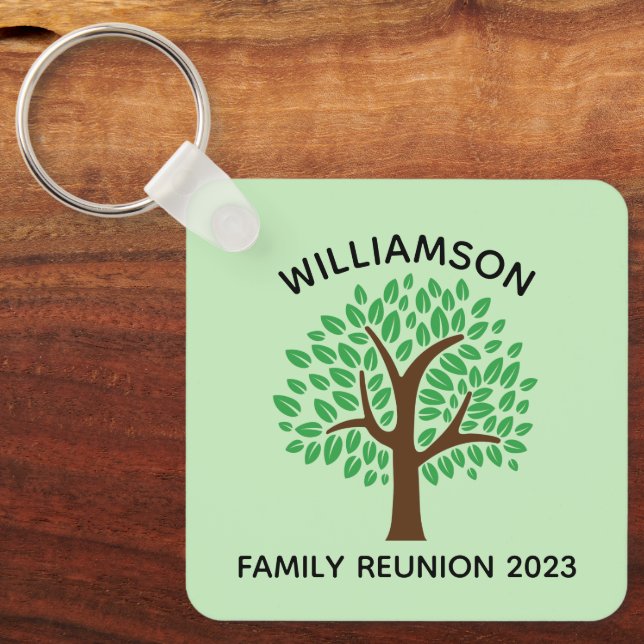 Family Reunion Cute Green Tree Custom Keepsake Key Ring (Front)