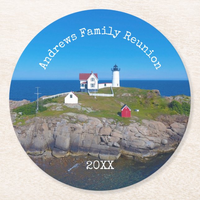 Family Reunion Date Maine Nubble Lighthouse Round Paper Coaster (Front)