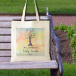 Family Reunion Family Tree  Tote Bag<br><div class="desc">These Family Reunion Tote Bags are decorated with a mosaic family tree in the colours of the rainbow on a watercolor background. Customise them with your family name and the year. Because we create our own artwork you won't find this exact image from other designers. Original Mosaic and Watercolor ©...</div>