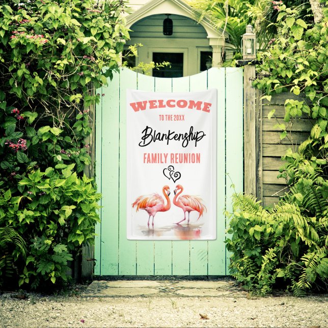 Family Reunion Flamingo Art Custom  Banner (Welcome family with a fun vertical format reunion banner featuring two colorful flamingos.
)
