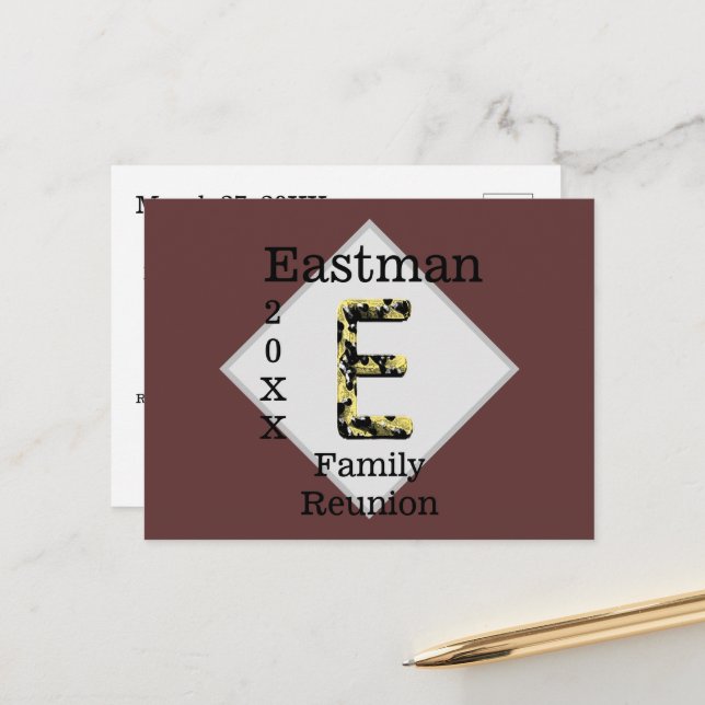 Family Reunion Gold Black Monogram E Invitation Postcard (Front/Back In Situ)