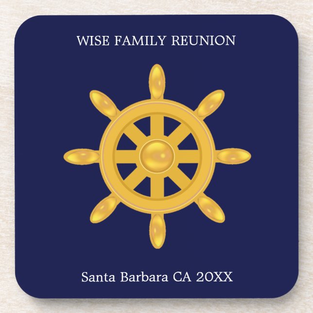 Family Reunion & Golden Ship Wheel on Navy Blue  C Coaster (Front)