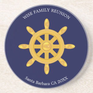 Family Reunion & Golden Ship Wheel on Navy Blue Coaster