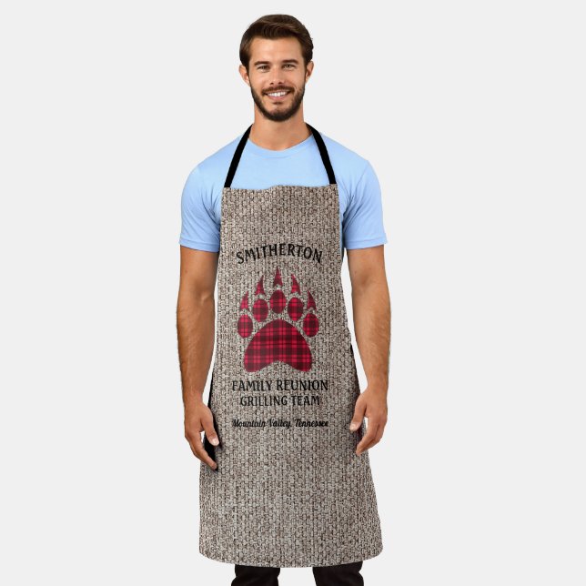 Family Reunion Grill Rustic Burlap Chequered Bear Apron (Worn)