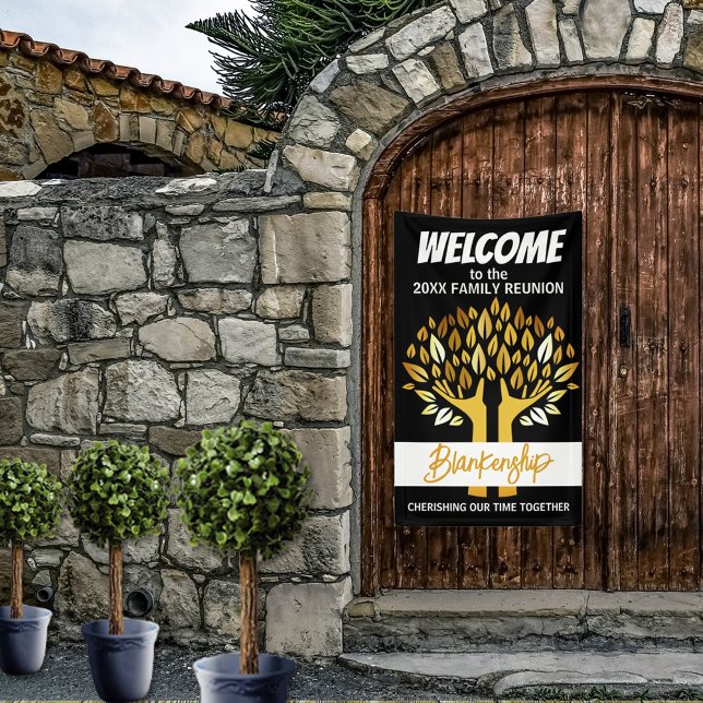 Family Reunion Hands Tree Leaves Custom  Banner (Welcome family with hands holding leaves on black with gold text vertical format reunion banner.
)