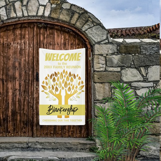 Family Reunion Hands Tree Leaves on White Custom  Banner (Welcome family with hands holding leaves on white with gold text vertical format reunion banner.)