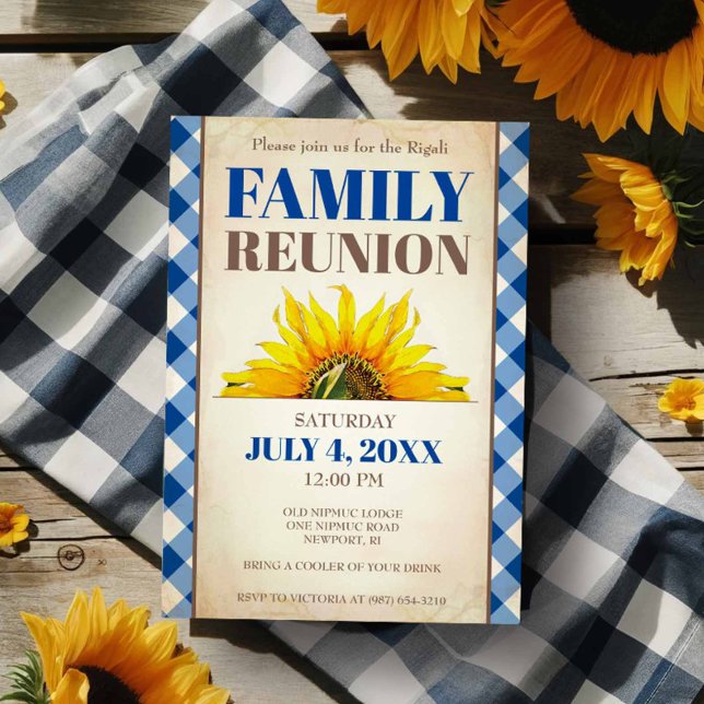 Family Reunion Invite, Sunflower, Family Picnic Invitation (Family reunion invitations feature sunflower and blue gingham print. )