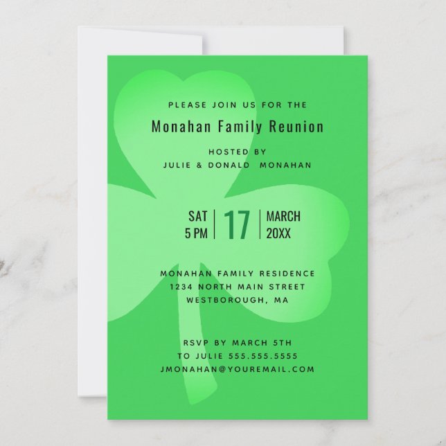 Family Reunion Irish Green Shamrock Minimalist Invitation (Front)