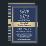 Family Reunion Modern Elegant Navy Blue Gold White Save The Date<br><div class="desc">Invite relatives to save the date for a family reunion, picnic, bbq or party with this elegant modern navy blue, white and faux gold foil invitation. All text is simple to customise. Design features a gold border with faux ribbon overlay, stylish vintage art deco inspired typography, and chic script calligraphy....</div>