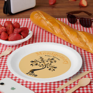 Family Reunion Modern Orange and Black Floral Tree Paper Plate