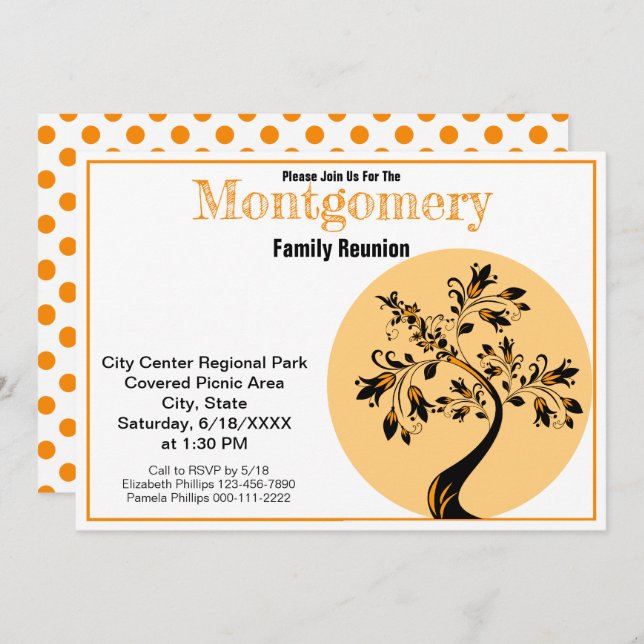 Family Reunion Modern Orange and Black Tree Art Invitation (Front/Back)