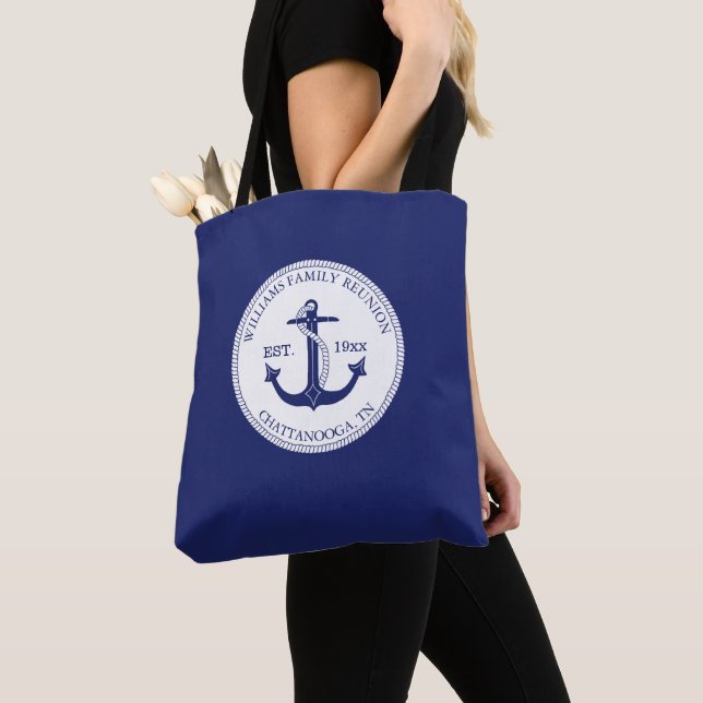 Family Reunion Monogram Nautical Anchor Navy Blue Tote Bag (Close Up)