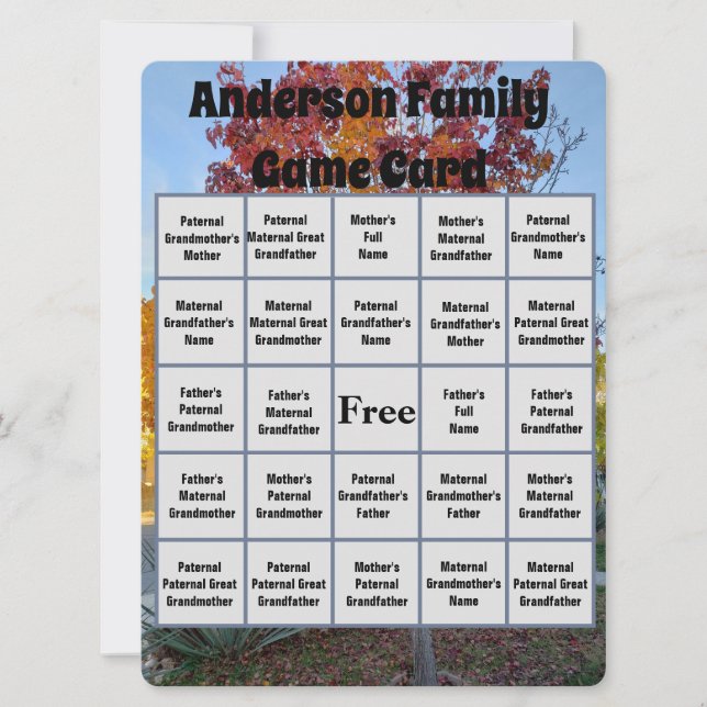 Family Reunion Name Bingo Game Colourful Fall Tree (Front)