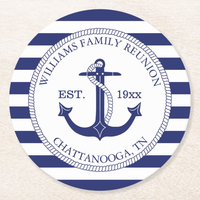 Family Reunion Nautical Anchor Monogram Round Paper Coaster (Front)