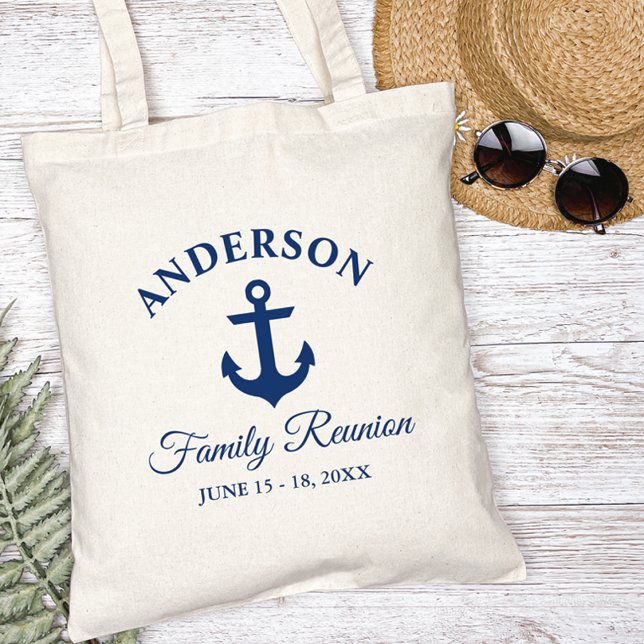 Family Reunion Nautical Navy Blue Anchor Tote Bag (Customize to change text size, color or text style.)