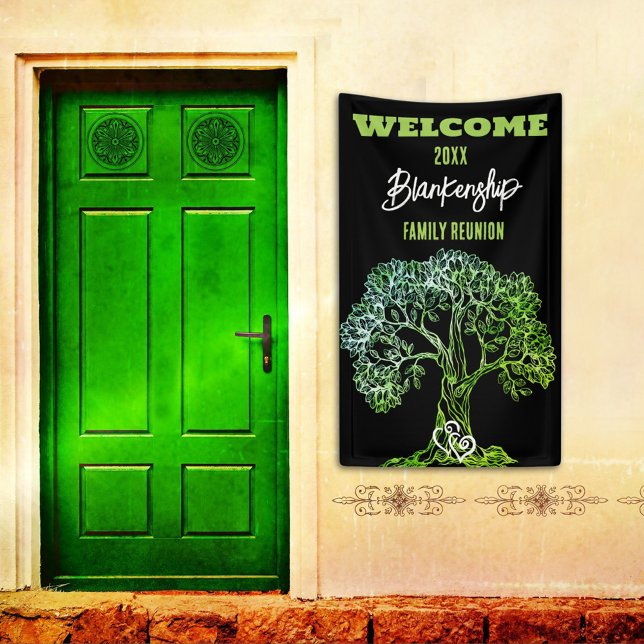 Family Reunion Old Green Tree on Black Custom  Banner (Welcome family on a vertical format reunion banner with rustic green tree on a black background.
)