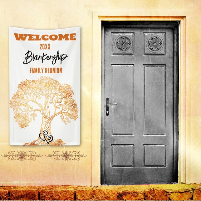 Family Reunion Old Orange Tree Art Custom  Banner (Welcome family on a vertical format reunion banner with rustic orange tree on a white background.
)