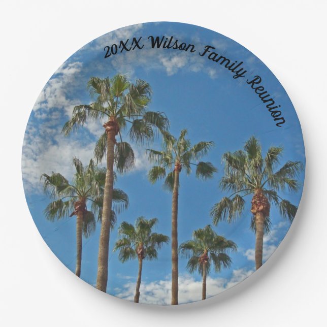 Family Reunion Palm Trees and Blue Sky Paradise Paper Plate (Front)