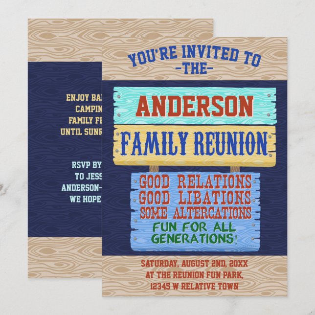 Family Reunion Party Funny Wooden Sign | Add Name Invitation (Front/Back)