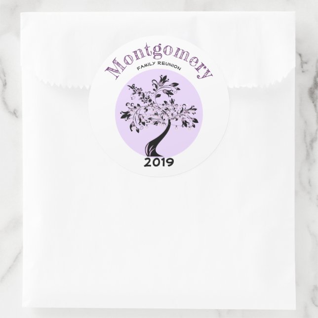 Family Reunion Party Trendy Purple Tree Artwork Classic Round Sticker (Bag)