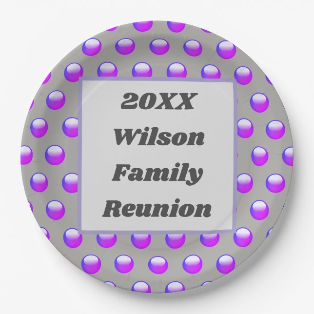 Family Reunion Picnic Purple Polka Dot Event Paper Plate (Front)