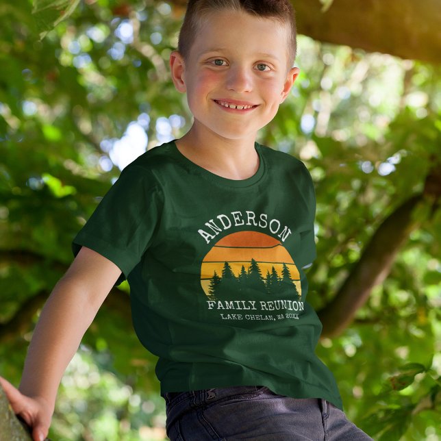 Family Reunion Pine Trees Sunset Boys Green T-Shirt (Customize to change text size. Choose from a variety of shirt sizes and styles.)