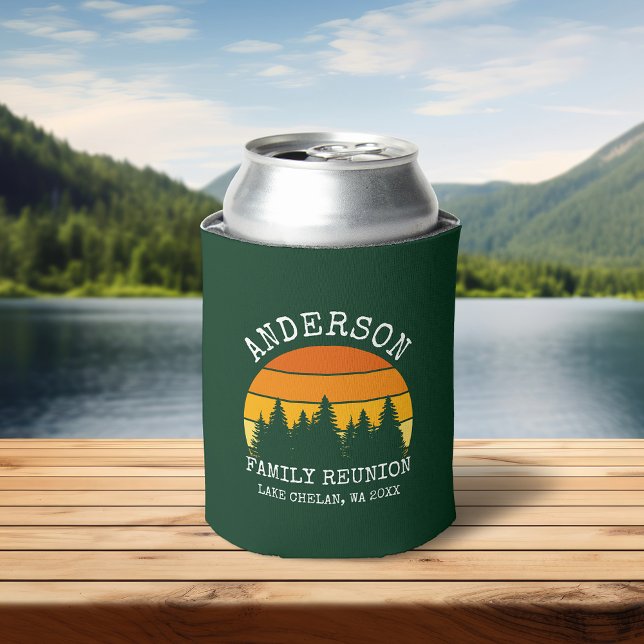 Family Reunion Pine Trees Sunset Green Can Cooler (Customize to change text size or text style.)