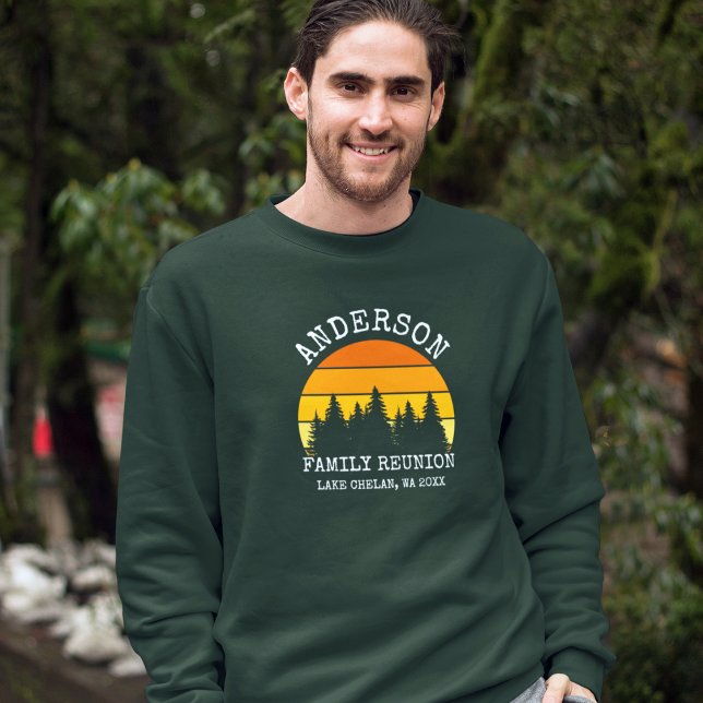 Family Reunion Pine Trees Sunset Green Sweatshirt (Customize to change text size. Choose from a variety of shirt sizes and styles.)