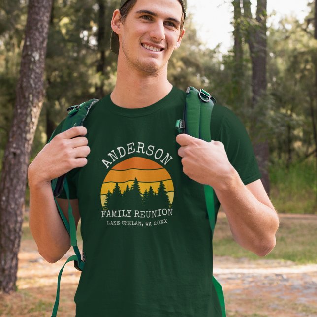 Family Reunion Pine Trees Sunset Green T-Shirt (Customize to change text size. Choose from a variety of shirt sizes and styles.)