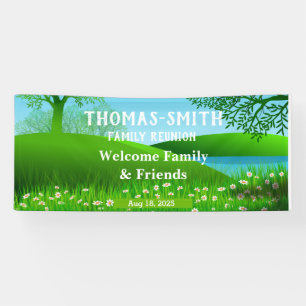 Family Reunion Pond Flowers Scene Banner
