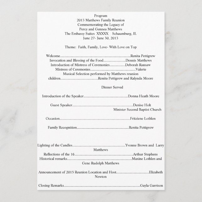 Family Reunion Program Programme (Front)