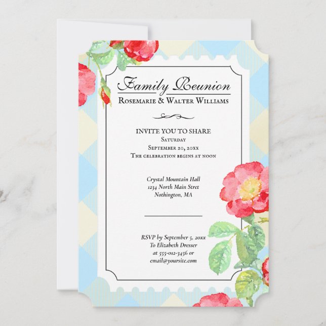 Family Reunion Red Roses Blue Buffalo Plaid Invitation (Front)