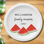 Family Reunion Red Watermelon Paper Plate<br><div class="desc">Are you planning a family reunion this year? These personalised Family Reunion paper plates are decorated with red watercolor watermelons and will look great on your celebration table. There are matching paper cups and napkins in our store. Easily customisable with your name and year. Use the Design Tool to change...</div>