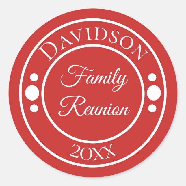 Family Reunion Red & White Circles Classic Round Sticker (Front)