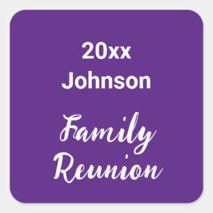 Family Reunion Royal Purple and White Year Name Square Sticker